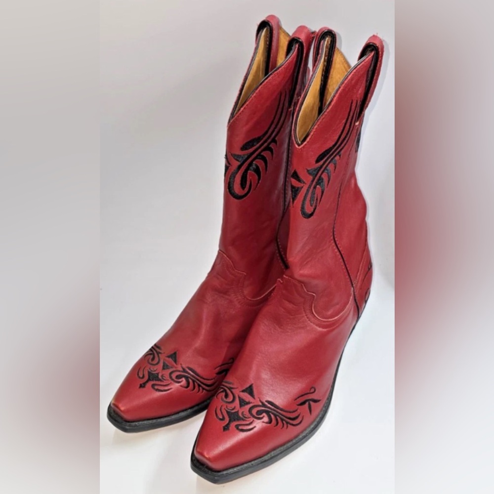 Red and Black Cowboy Boots with Ornate Stitching, Santa Fe Co.